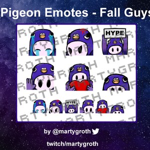 May include: Nine purple and blue Fall Guys emotes with different expressions, including crying, angry, holding a heart, and holding a sign that says "HYPE".