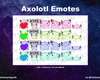 Sad, Mad, Hype, Smile, Heart, Lurk - Axolotl Emotes - Twitch / Youtube / Discord - emotes