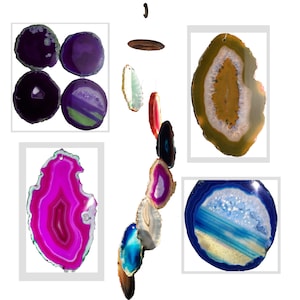 May include: Agate slice wind chime with multiple colors including pink, blue, green, purple, and brown. The slices are suspended from a metal ring and hang from a brown wooden top.