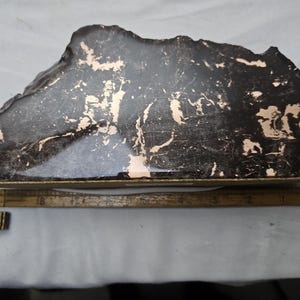 Puede incluir: Una roca grande de forma irregular con una superficie oscura, casi negra. La roca tiene un patrón de finas vetas de color rosa claro que la atraviesan. Una regla de madera se coloca debajo de la roca para la escala.