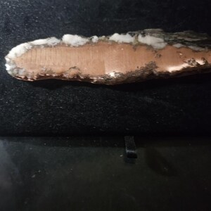 May include: A natural, elongated stone with a copper-colored center and a white and dark gray outer edge. The stone has a rough, textured surface and is displayed against a dark background.