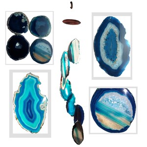 May include: A blue agate wind chime with six different sized agate slices hanging from a metal ring. The agate slices are all different shades of blue and have a white and brown pattern.