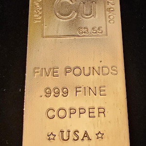 Five Pound Solid Fine .999  Copper Bar - High Polish Finish - Stamped Elemental Collection - USA