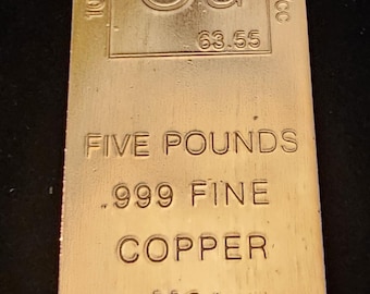Five Pound Solid Fine .999  Copper Bar - High Polish Finish - Stamped Elemental Collection - USA