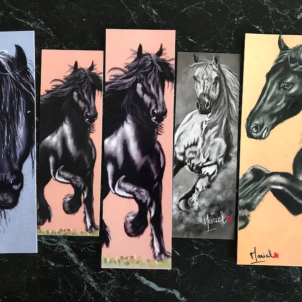 Marque-page papier cartonné glacé, d'après mes dessins de chevaux, frison