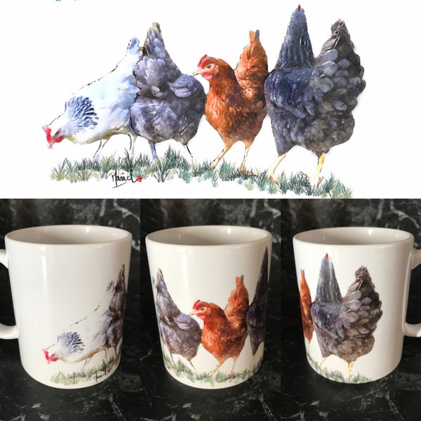 Mug 325 ml céramique avec mes dessins de poules.