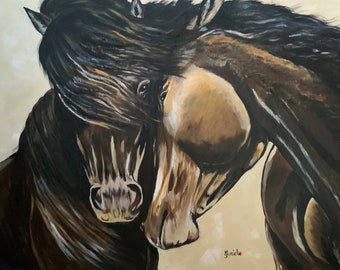 Sand horses, acrylic painting on linen canvas