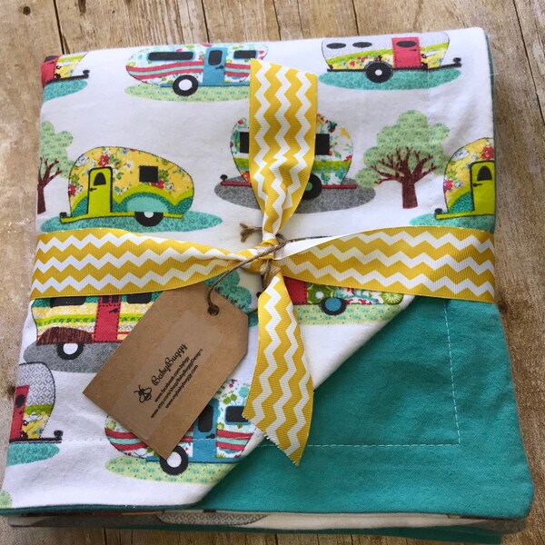 Happy camper flannel baby blanket