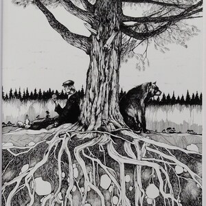 May include: Black and white ink drawing of a man and a wolf sitting under a large tree with a crow perched on a branch. The tree's roots are visible and spread out across the ground.