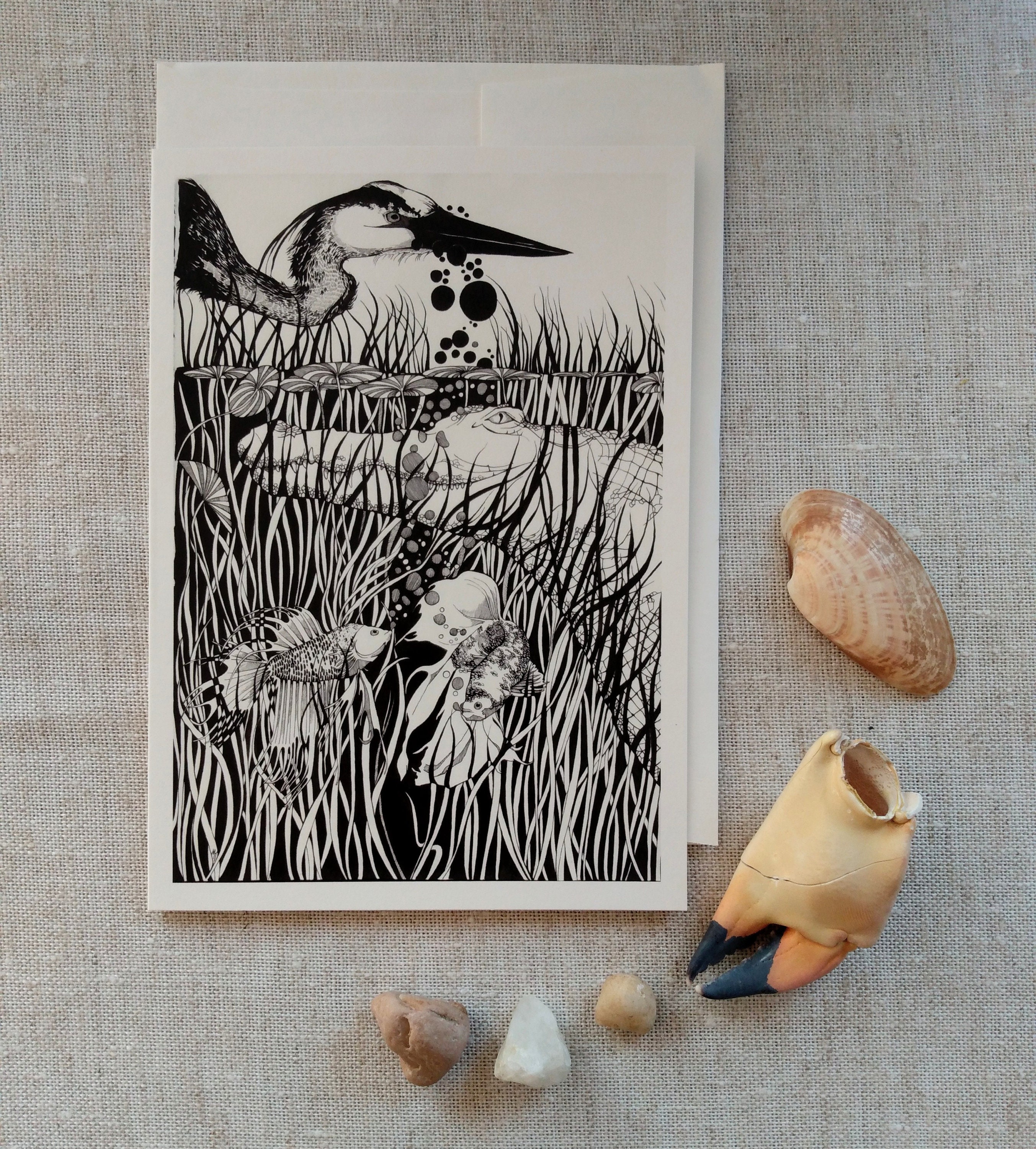 Albino crocodile, heron, qoi, contrast, black and white, swamp, florida, art card, original, print, recycled paper, birthday card