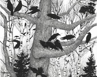 Fox, crows, ravens, white pine, maine, snow, birch, trees, nature, art, print, giclee, original, pen and ink, watercolor, fairy tale, woods