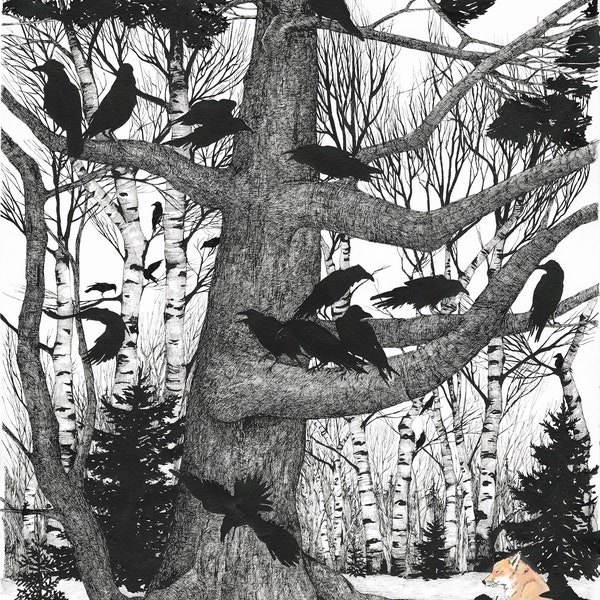 Fox, crows, ravens, white pine, maine, snow, birch, trees, nature, art, print, giclee, original, pen and ink, watercolor, fairy tale, woods