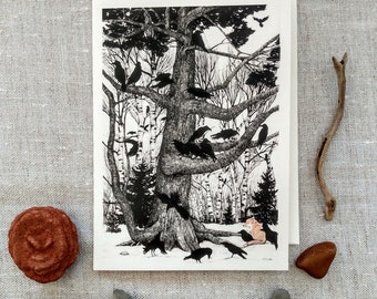 Fox and crows, raven, white pine, nature, Maine woods, winter, snow, art card, Maine, east coast, recycled paper, card, art, original