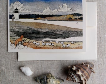 fox, sheep, ocean, lighthouse, Maine coast, sea gull, islands, rocks, art card, recycled paper, art, print, pen and ink, holiday