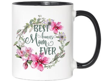 Best Bonus Mom Ever Mug, Floral Wreath Design, Stepmom MIL Gifts, Godmother Cup