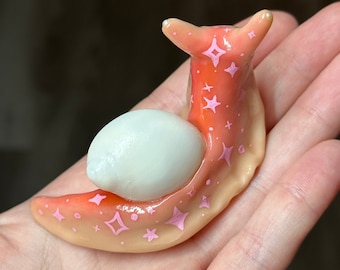Handmade Pink Sparkle Snail - Polymer Clay Figurine Desk Buddy with Seashell