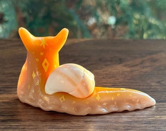 Handmade Yellow Sparkle Snail - Polymer Clay Figurine Desk Buddy with Seashell