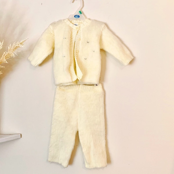 Vintage 70s Yellow Infant Girls'Sweater Pants Set 12-18 months