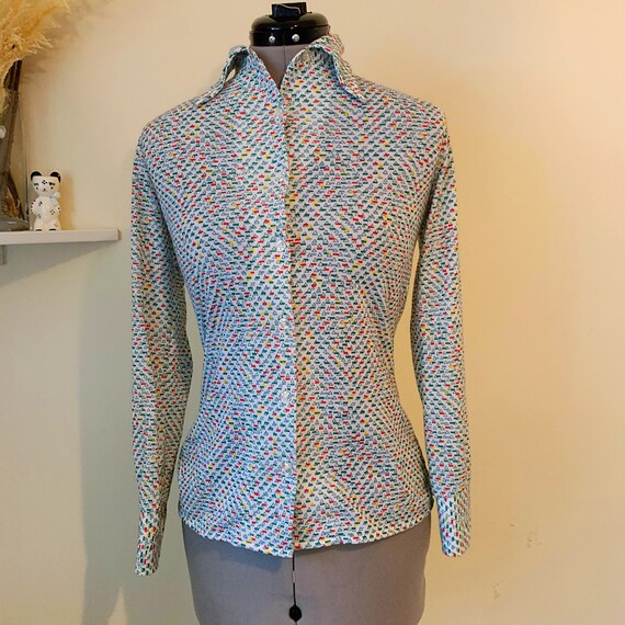 Vintage 70s Multicolor Triangle Print Jersey Knit Top Jantzen Size 