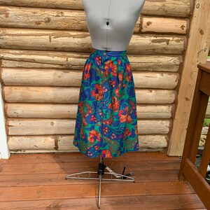 Vintage Hawaiian Print Circle Skirt, 1980s Red Tropical Print Midi  