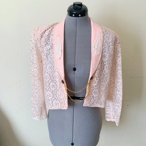 Vintage 90s Pink Lace Made in France Bolero Jacket Size Medium