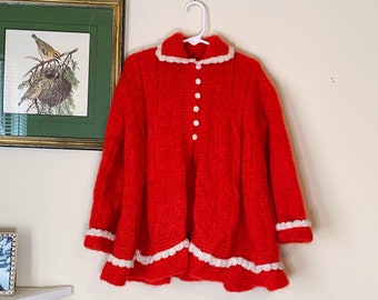 Vintage 60s Handknit Girls Red Cape Style Cardigan Size 8