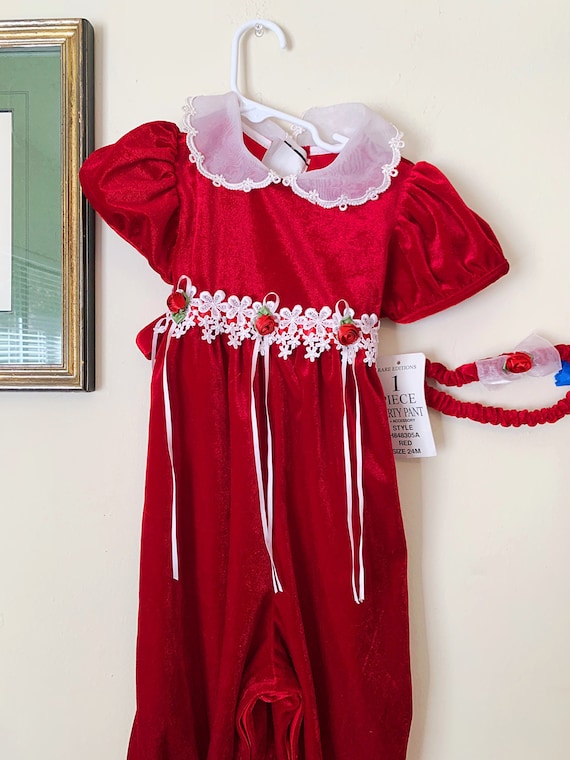 DEADSTOCK 90s Girls  Red Velvet Romper w/Headband 