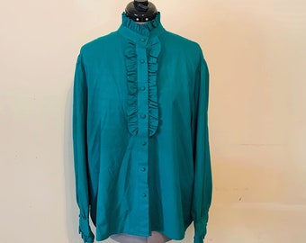 Vintage 80s Teal Ruffle Collar Secretary Poet Blouse - Medium