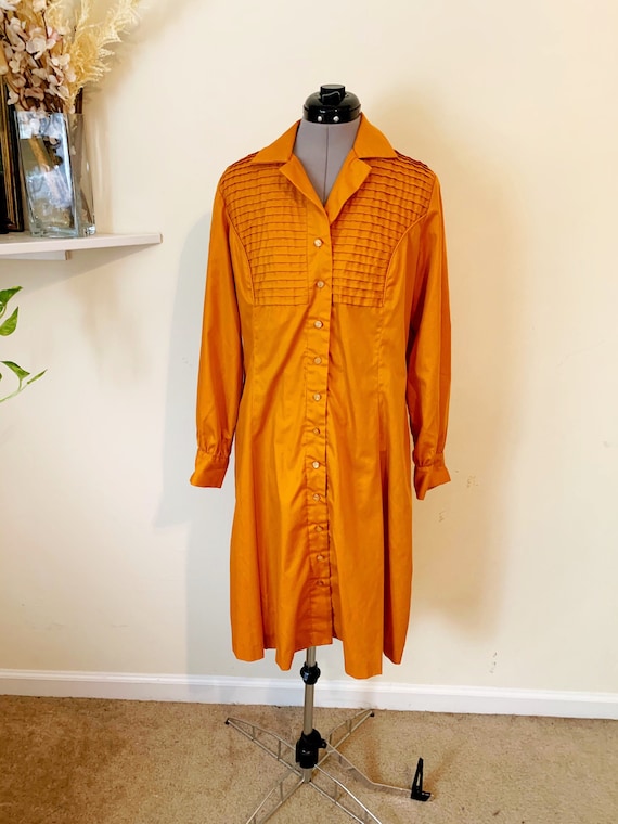 Vintage 60s 70s Orange Long Sleeve Shirt Dress Si… - image 1