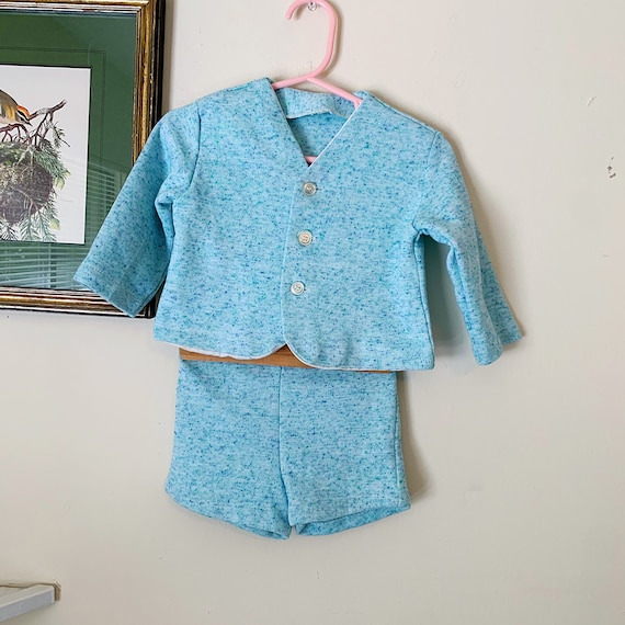 Vintage 60s Toddler Blue Knit Jacket Shorts Set -… - image 1