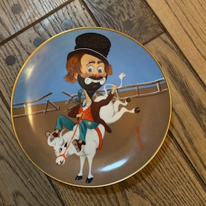 Vintage 80s Bronco Freddie Red Skeleton Collector Plate, Freddie The Freeloader, Bull Riding, Cowboy, Ranch
