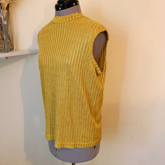 Vintage 90s Gold Metallic Ribbed Sleeveless Mock … - image 3