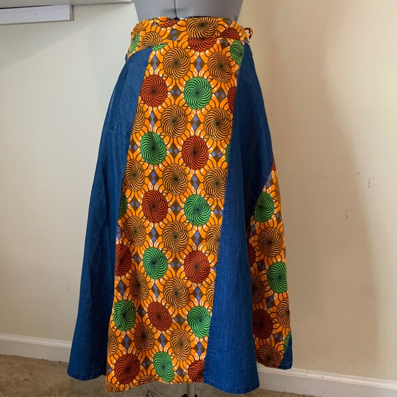 Vintage 90s does 70s Abstract Print Denim Wrap Hip