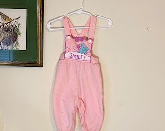 Vintage 80s Baby Girls Pink Corduroy Bear Overalls Size 3 Months