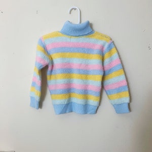Vintage 80s Toddler Girls Pastel Striped Nubby Turtleneck Sweater Size 3T