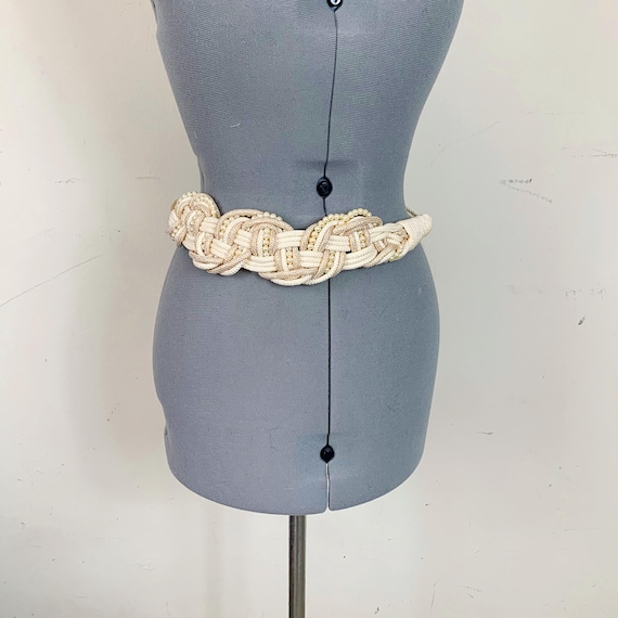 Vintage Woven Gold Knot Belt | Statement Waist Belt | Stretch Vintage 70s Style Rope Belt for Women, 80s Nautical Knot  main image 2