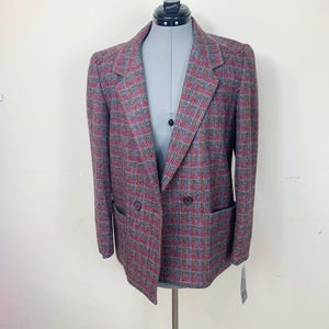 Vintage 90s Grey Burgundy Plaid Wool DEADSTOCK Double Breasted Blazer Size 9/10
