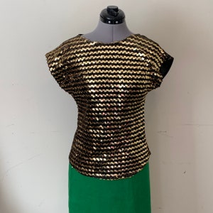 Vintage 80s Gold Black Sequin Top Size Small