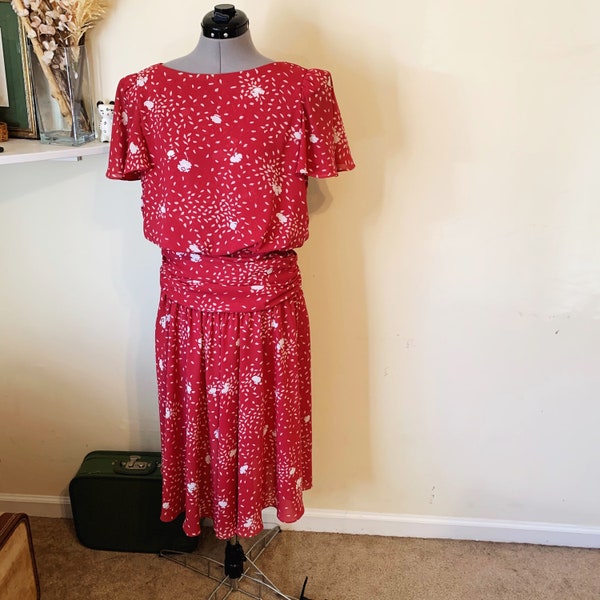 Vintage 80s Red Floral Blouson Dropwaist Flutter Sleeve Midi Dress 9/10