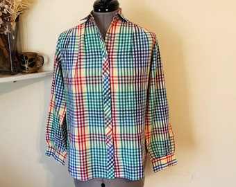 Vintage 80s Rainbow Plaid Blouse Size 8