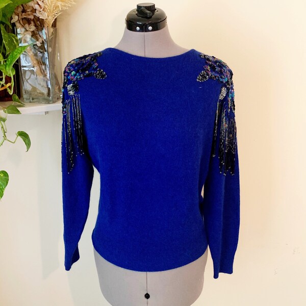 Vintage 80s Blue Bead Fringe Sequin Dolman Sleeve Statement Sweater Size Medium