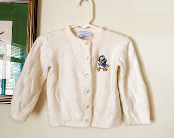 Vintage Toddler Girls Cream May Knit Donald Duck Patch Cardigan 4T