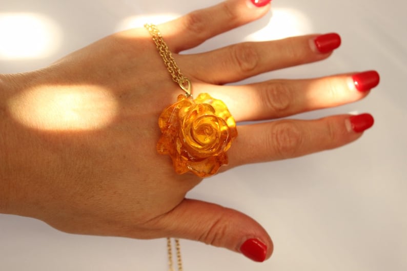 Amazing carved Amber rose Amber pendant with chain