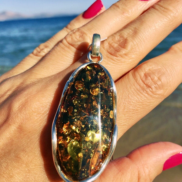 Green Amber Pendant , Amazing Amber Pendant, Gold Pendant , Gift for Her, Summer Jewelry