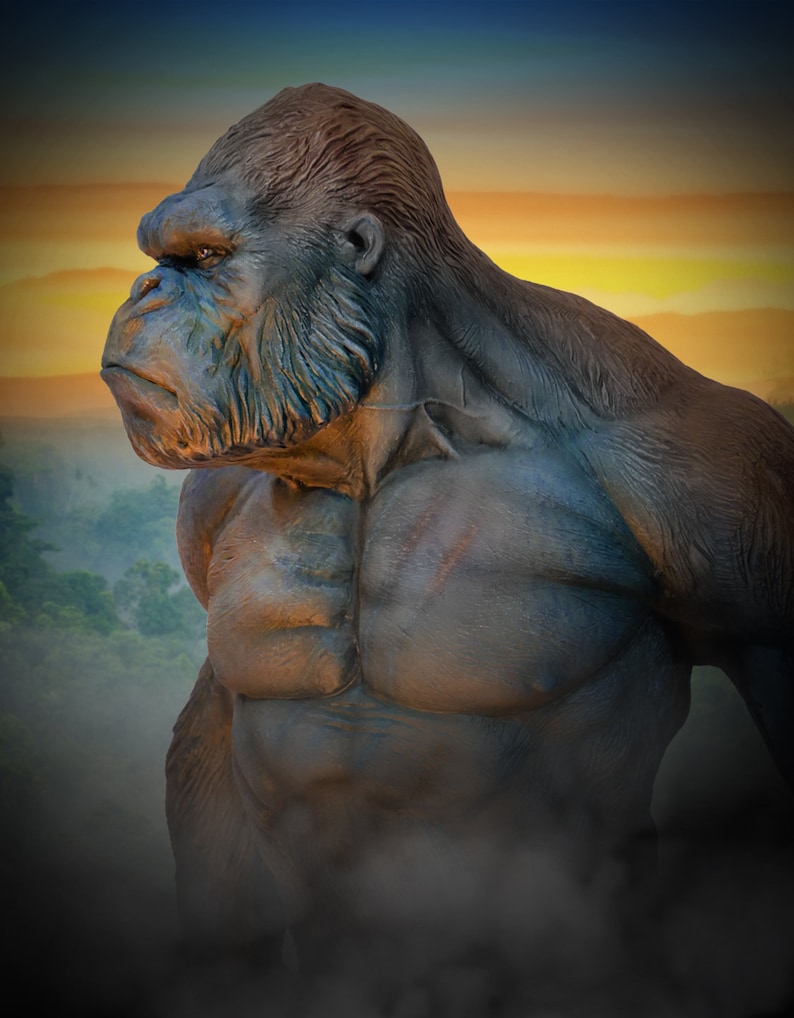 May include: A close-up of a large, muscular gorilla with a serious expression. The gorilla is facing to the right, with its head turned slightly towards the viewer. The gorilla's fur is dark brown and its eyes are dark. The background is a blurry image of a forest and a sunset.
