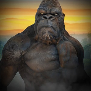 May include: A close-up of a large, muscular gorilla with dark fur and intense yellow eyes. The gorilla is looking directly at the camera with a serious expression. The background is a blurry sunset with a misty forest.