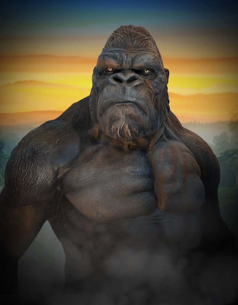 May include: A close-up of a large, muscular gorilla with dark fur and intense yellow eyes. The gorilla is looking directly at the camera with a serious expression. The background is a blurry sunset with a misty forest.