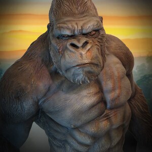 May include: A close-up of a large, muscular gorilla statue with a fierce expression. The statue is made of a dark grey material and has realistic details, including fur, wrinkles, and veins. The gorilla's eyes are intense and focused, and its mouth is slightly open, as if it is about to roar.