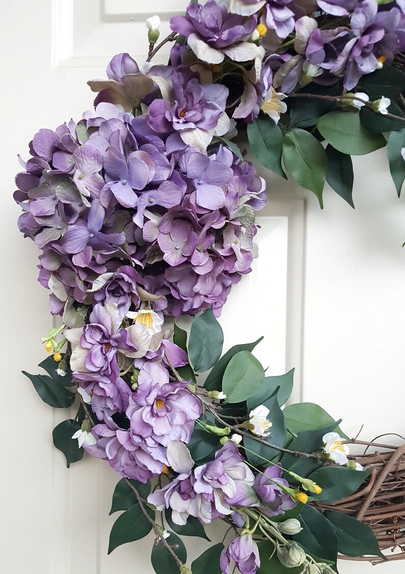 Farmhouse Wreath Neutral Fall Wreath Purple Hydrangea Wreath Purple Floral Front Door Wreath Hydrangea Door Wreath for All Seasons