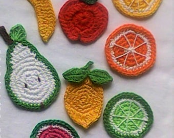 Fruit plate, 9-piece, crochet applications Bananas red apple Lemon Orange Pear Kiwi Lime Watermelon Lemon slice